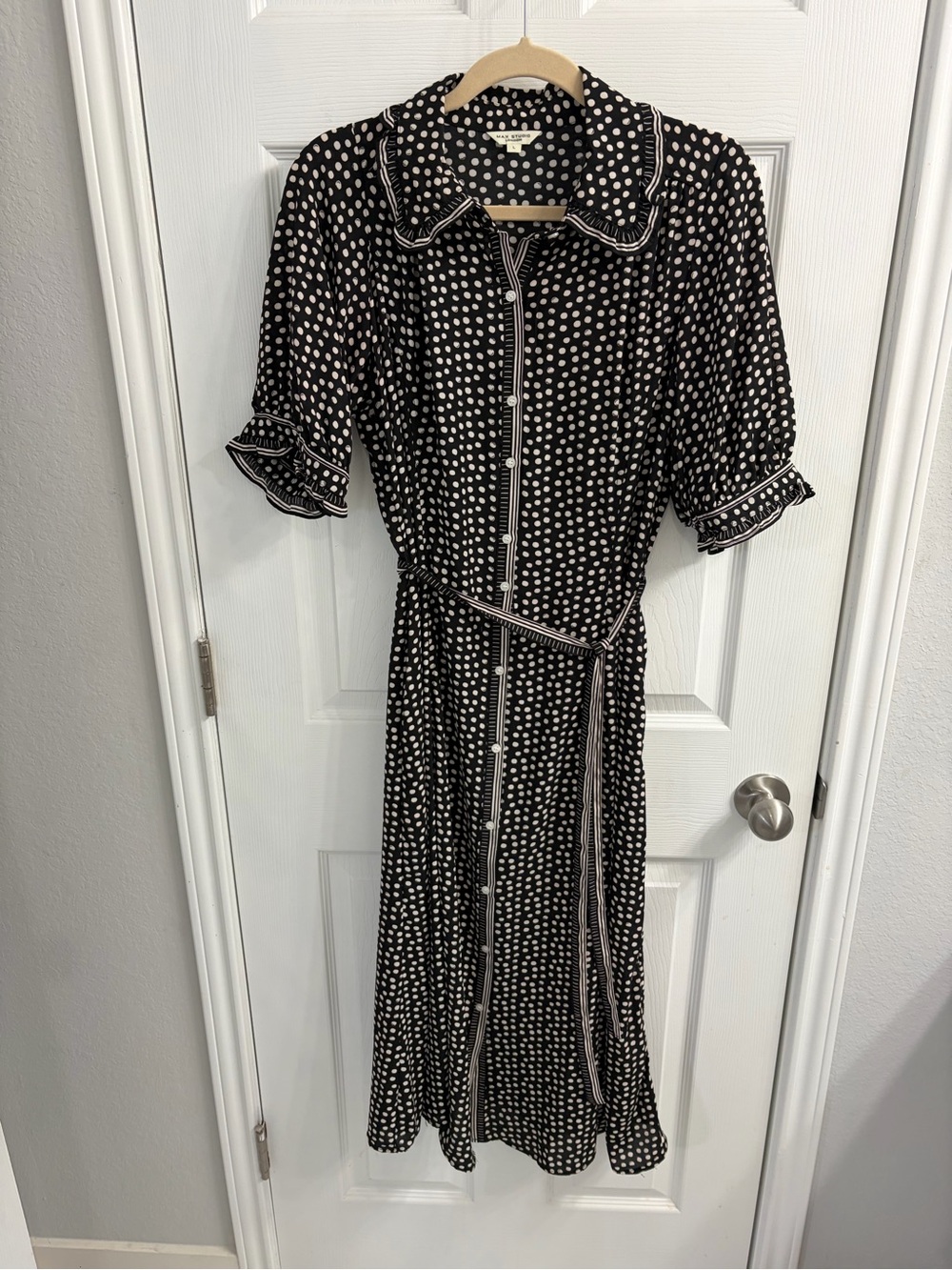 Max Studio Black Polka Dot Button-Front Midi Dress with Self-Tie Waist
